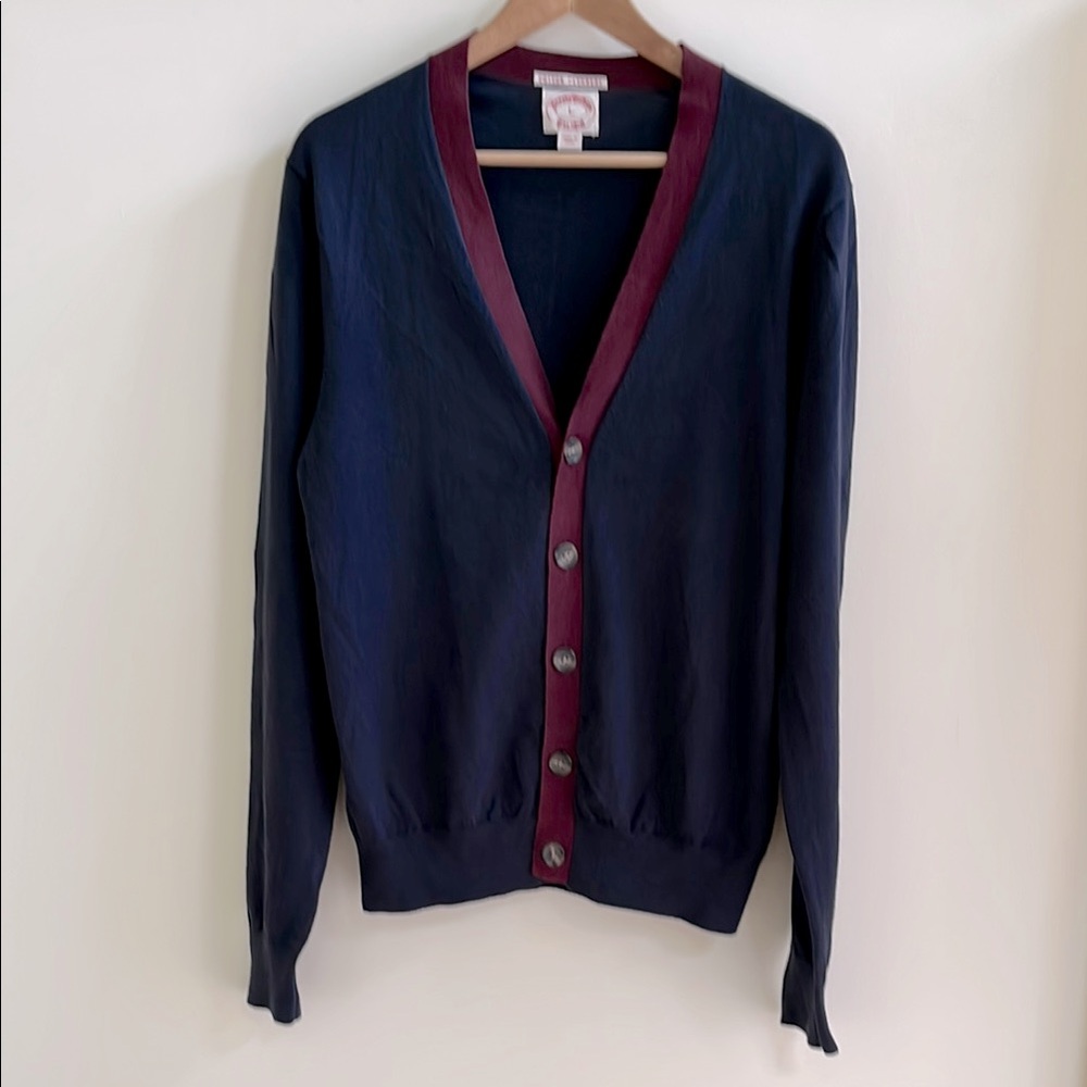 Brooks Brothers Men’s Navy Cardigan Sweater with Burgundy Accents Size L